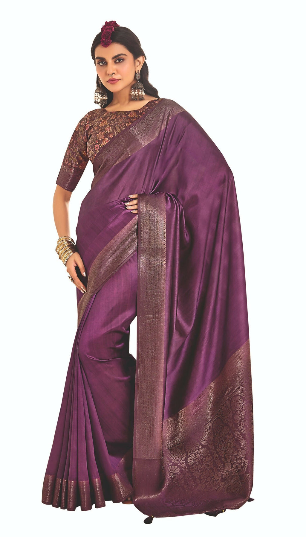 Joban Fashion Satin Silk With Zari Border Purple Colored Designer Pallu Saree | Grocsy