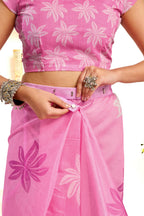 Joban Fashion Pink Floral Linen Ready To Wear Saree With Unstitched Blouse | Grocsy