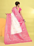 Joban Fashion White & Rani Pink Plain With Weaving Border Banarasi Silk Sarees | Grocsy
