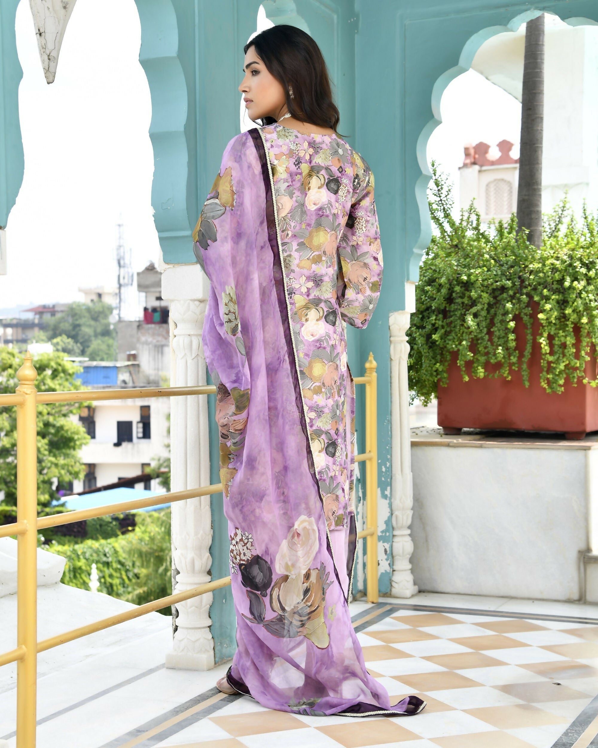 Vaasva Women's Purple Tissue Gota Embroidered Suit Set With Solid Pant And Embroidered Dupatta | Grocsy