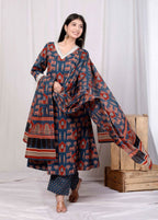 Miravan Women's Pure Cotton Animal Printed Zari Lace Work Blue Jaipuriya Anarkali Suit Set | Grocsy