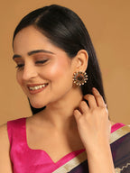 Nuyug 22K Gold Plated Faux Smoky Quartz & Crystal Studded Contemporary Floral Studs | Grocsy