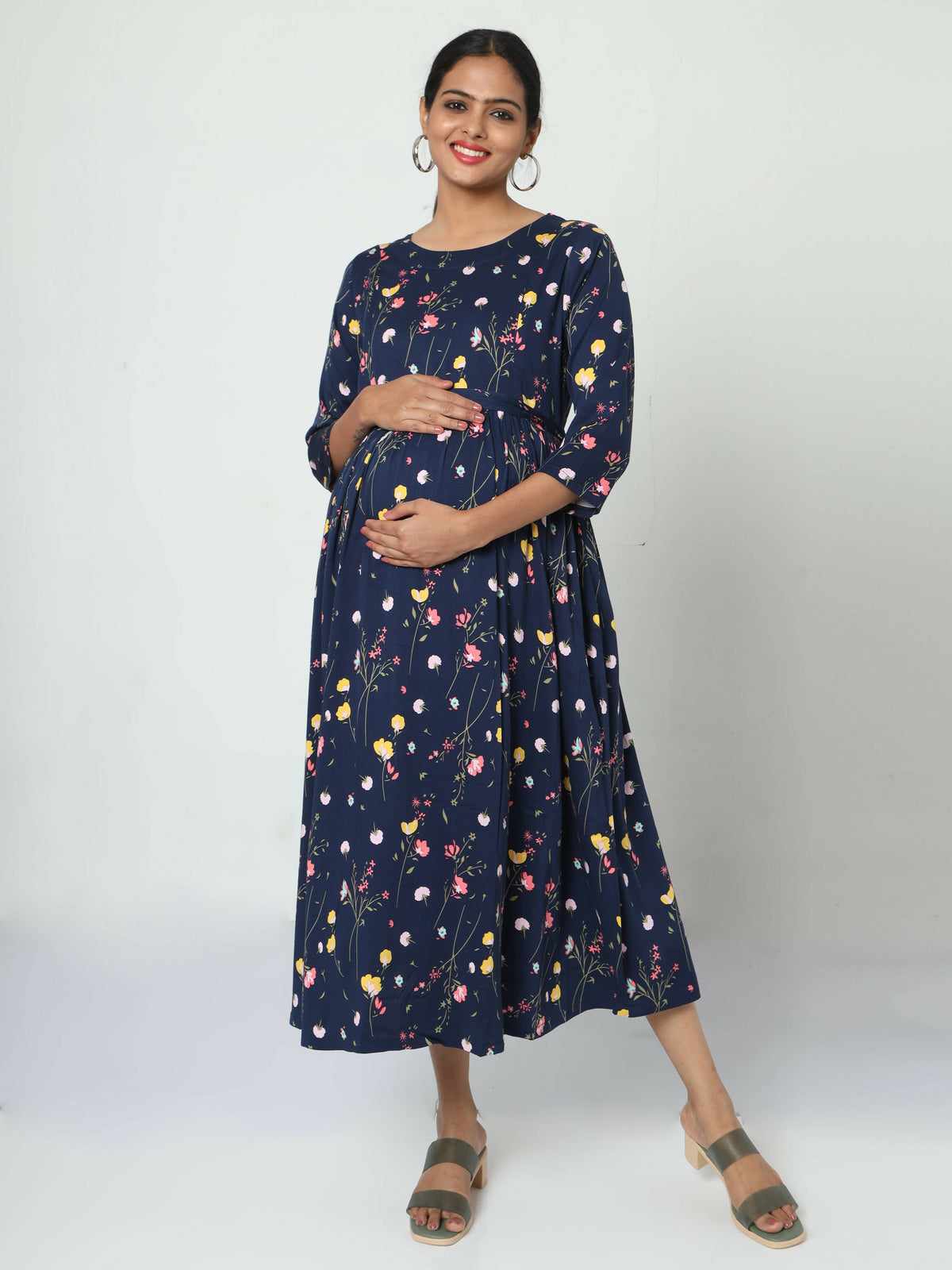 Manet Three Fourth Maternity Dress Floral Print With Concealed Zipper Nursing Access - Navy Blue | Grocsy