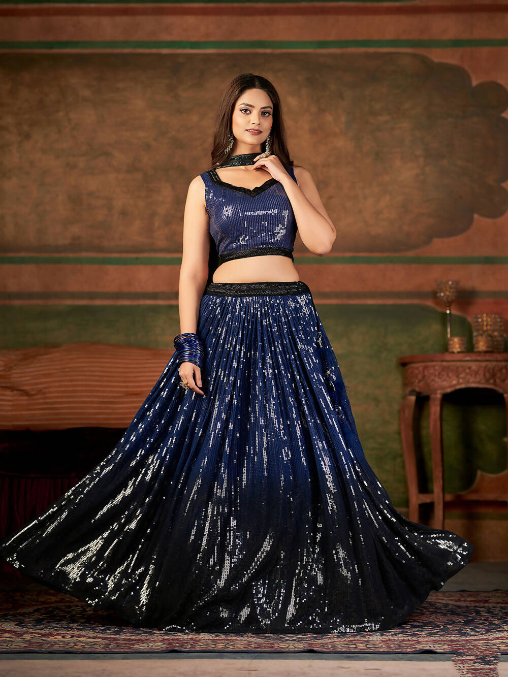 Wedding Designer Navy Blue Nylon Georgette Readymadelehenga Choli - Anbazaar | Grocsy