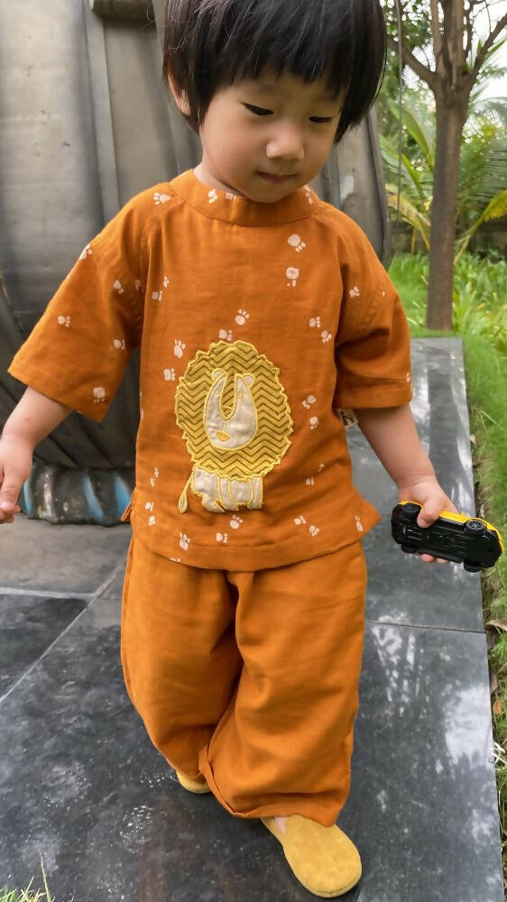 Mhyssa Oscar Half Sleeve Orange and Yellow T-shirt With Full Length Pant Set For Kids | Grocsy