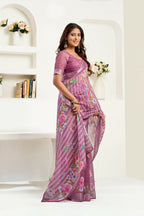 Joban Fashion Dusty Wine Floral & Striped Linen Ready To Wear Saree With Unstitched Blouse | Grocsy