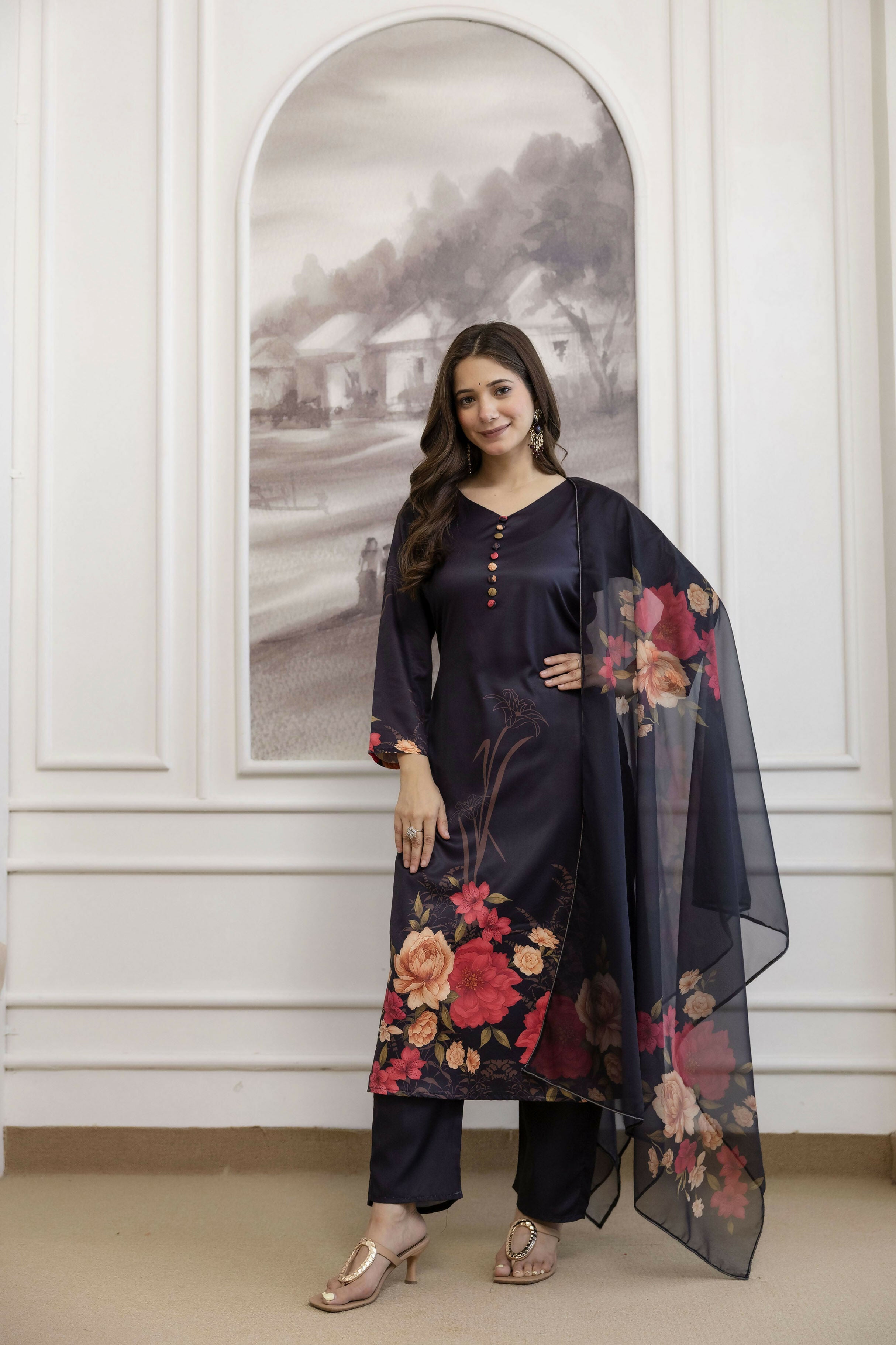 The52 Women's Beautiful Soft Assam Fabric Printed Work A-line Kurta Pant and Dupatta Set | Grocsy