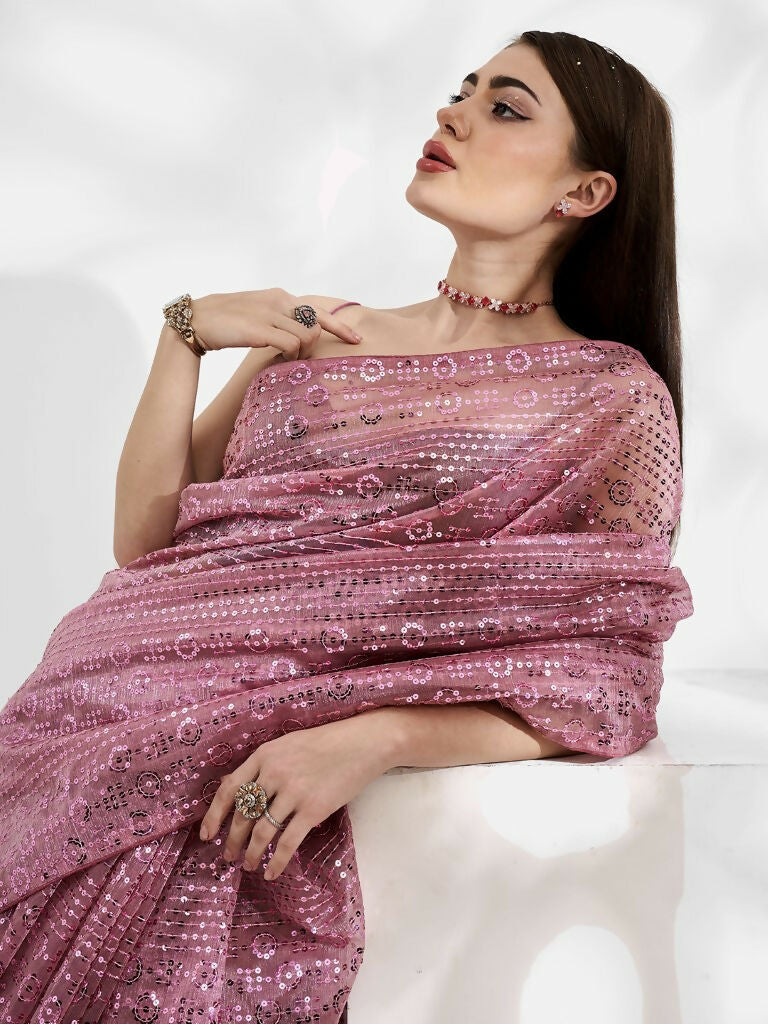 Pink Net Organza Sequance,Thread Embroidery Work Saree with Unstitched Blouse - Vandini | Grocsy