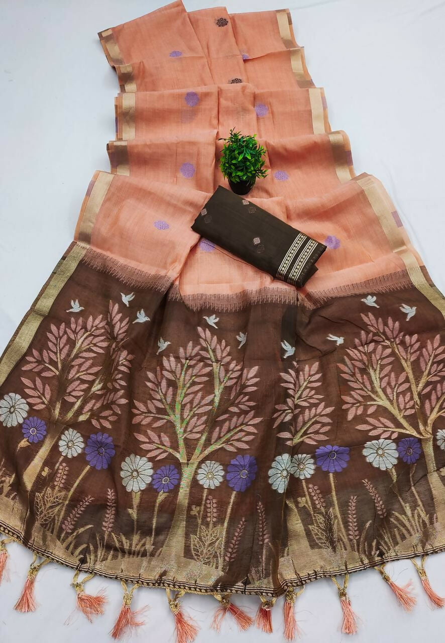 Vastranavya Peach Muga Cotton Meenakari & Azarakh Pallu Saree with Contrast Blouse | Grocsy