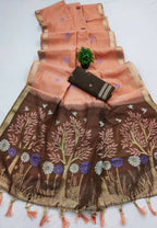 Vastranavya Peach Muga Cotton Meenakari & Azarakh Pallu Saree with Contrast Blouse | Grocsy