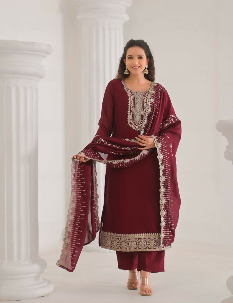 Ethnic Festive Wear Vichitra Silk Wine Stitched Suit With Dupatta - Tanisha | Grocsy