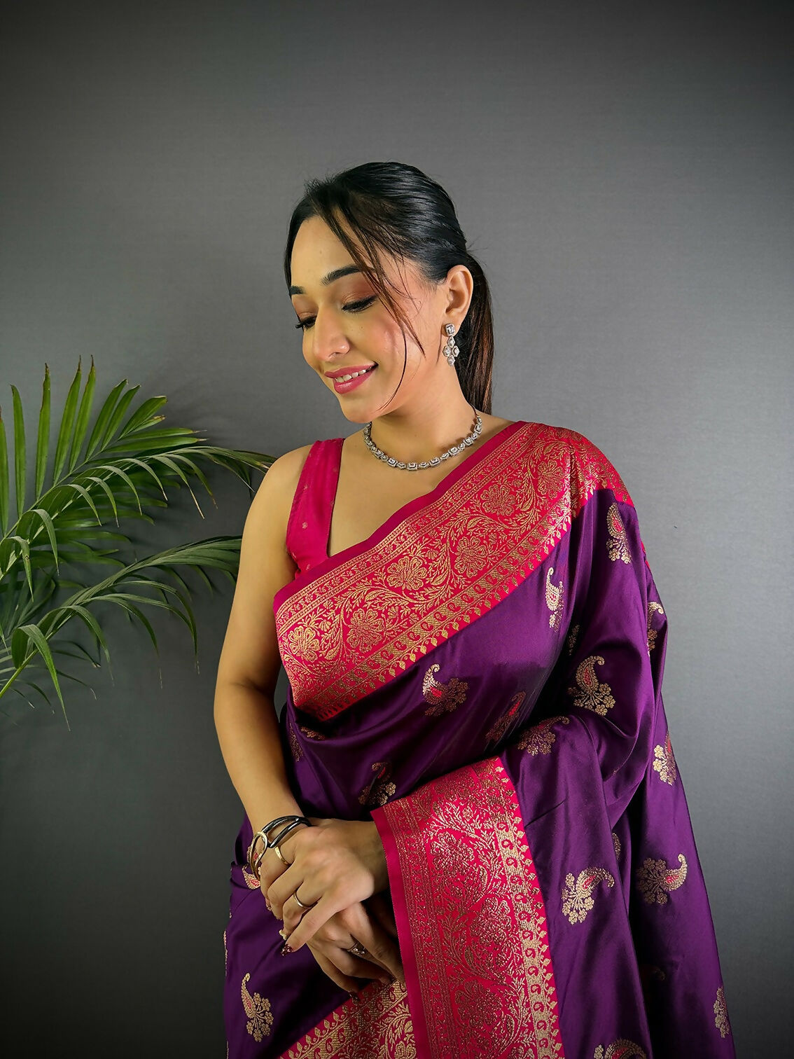 Joban Fashion Banarasi Purple Woven Butti Soft Silk Saree | Grocsy