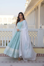 Jyoti Fashion Women's Turquoise Faux Georgette Sequins Thread Embroidery Anarkali Dress with Dupatta | Grocsy