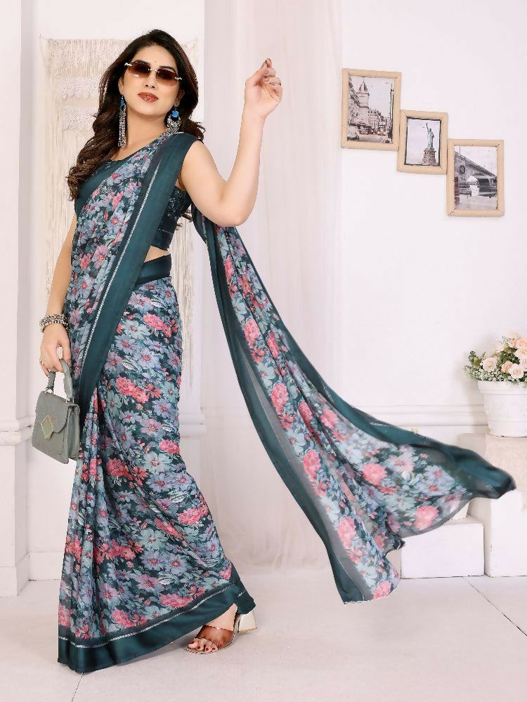 PR Fashion Morpich Bright Moss Satin Patta Printed Saree | Grocsy