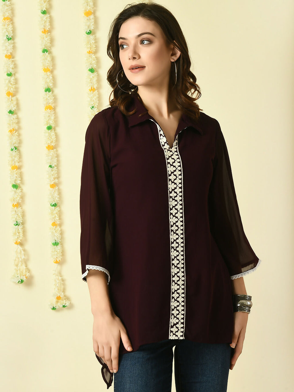 Myshka Women's Coffee Brown Embroidered Party Fusion Top | Grocsy