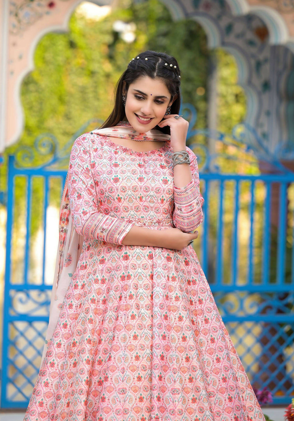 Functional Designer Off White-Light Pink Dola Silk Anarkali suit with Dupatta - Ramya | Grocsy