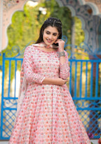 Functional Designer Off White-Light Pink Dola Silk Anarkali suit with Dupatta - Ramya | Grocsy