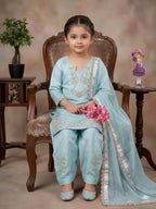 Teeya Creation Womens New Fancy Sky Blue Embroidered Kurta with Salwar & Dupatta Set Palazzo Set | Grocsy
