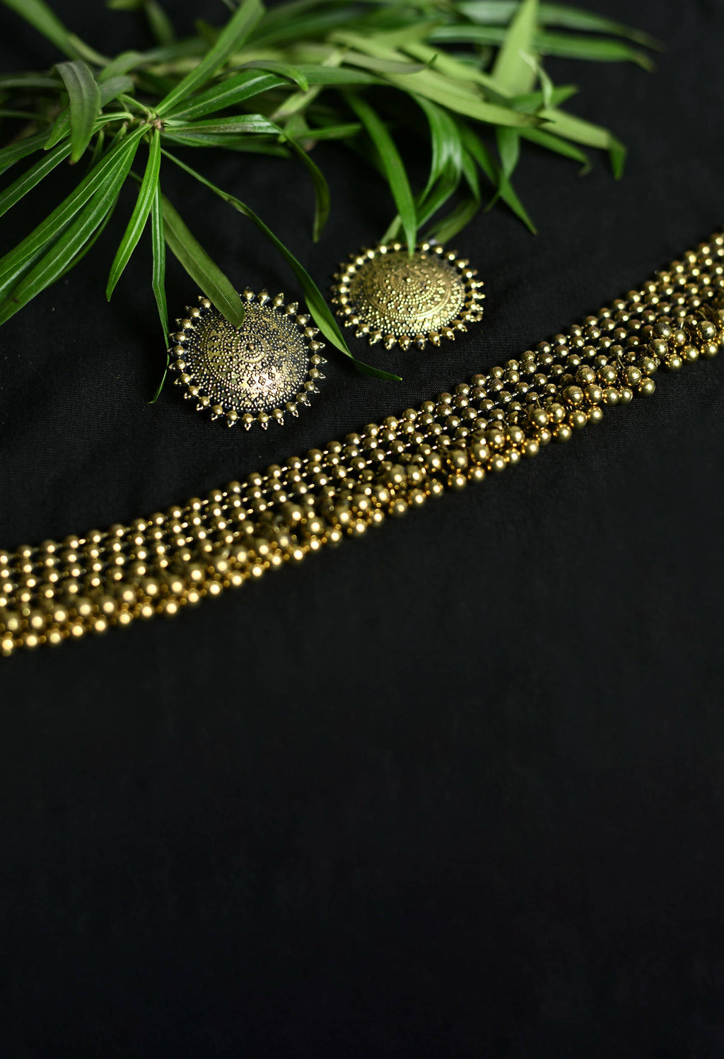 Mominos Fashion Johar Kamal Oxidised Gold-Polished Brass Finish Ghungroo Design Choker Set | Grocsy