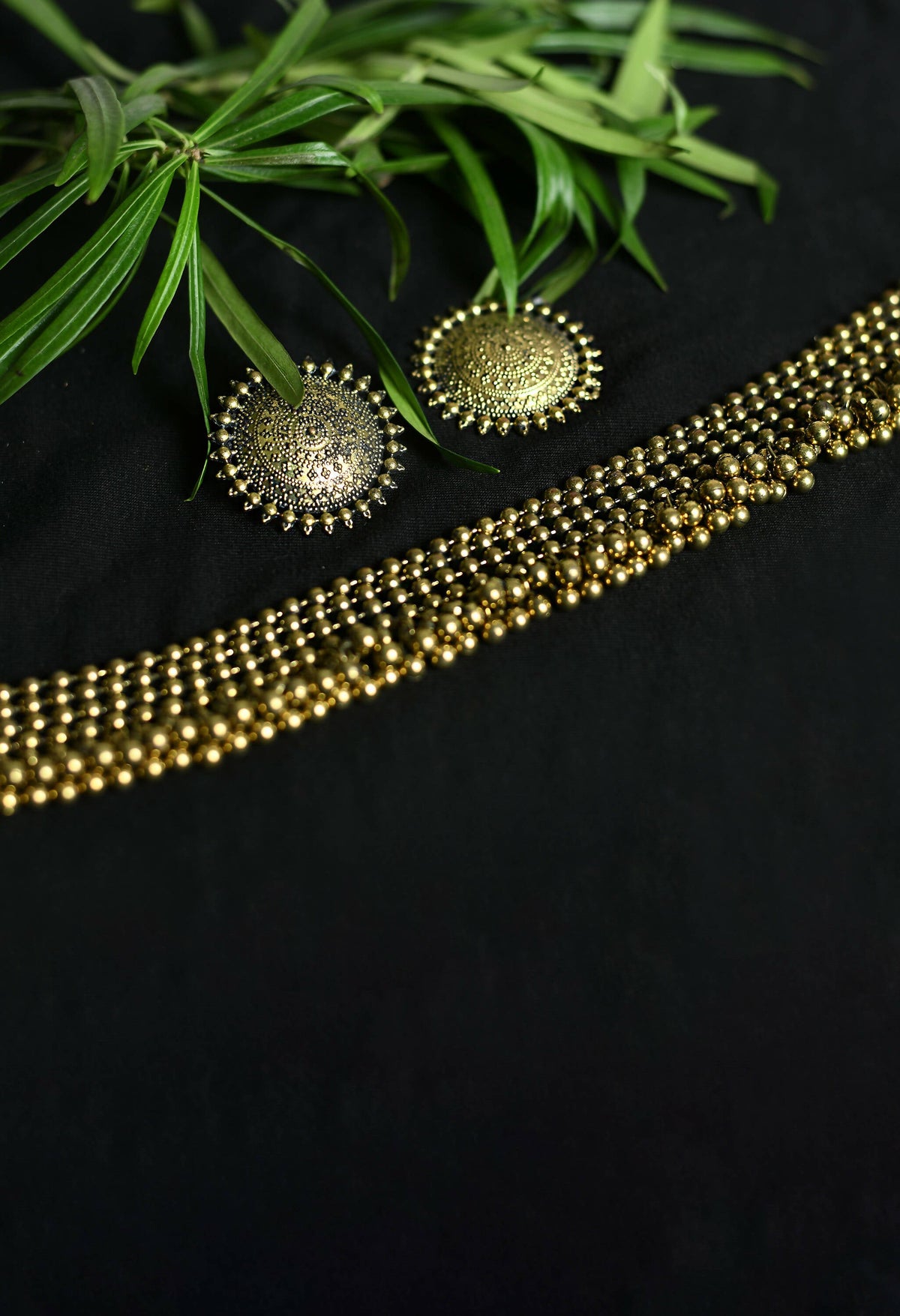 Mominos Fashion Johar Kamal Oxidised Gold-Polished Brass Finish Ghungroo Design Choker Set | Grocsy