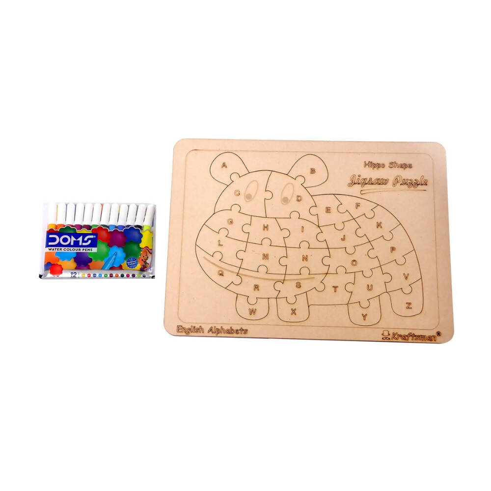 Kraftsman English Alphabets Wooden Jigsaw Puzzles Hippo Shape Puzzle | Color Kit Included | Grocsy