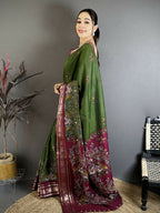 Prime Volt Premium Viscose Silk Kalamkari Saree with Peacock Zari Border & Bandhani Blouse-Green | Grocsy