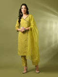 Myshka Women's Yellow Printed Cotton Straight Party Kurta Set With Dupatta | Grocsy