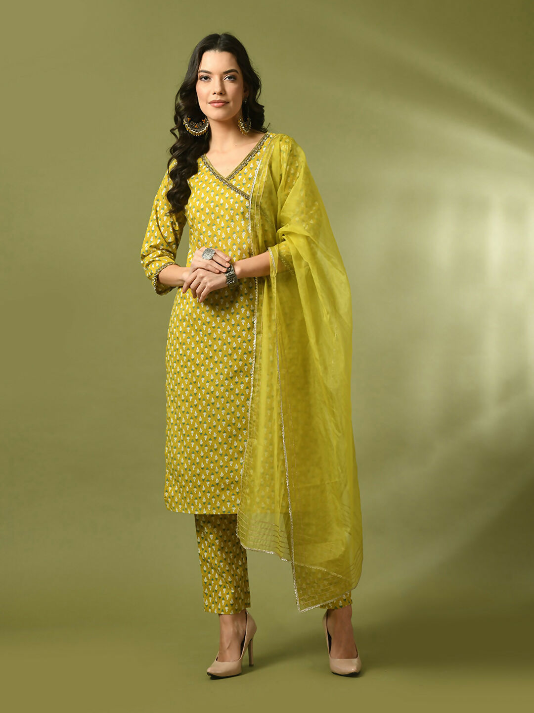 Myshka Women's Yellow Printed Cotton Straight Party Kurta Set With Dupatta | Grocsy