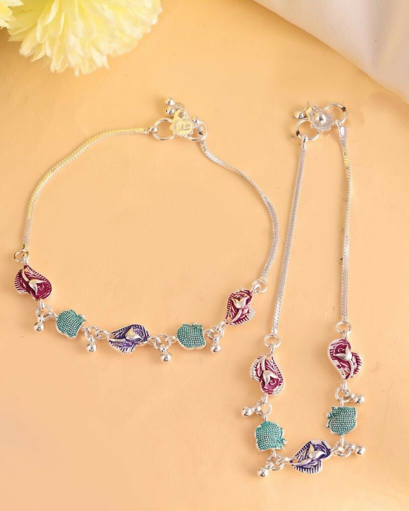 VOJ Set of 2 Silver Plated Designer Multi Color Anklet | Grocsy