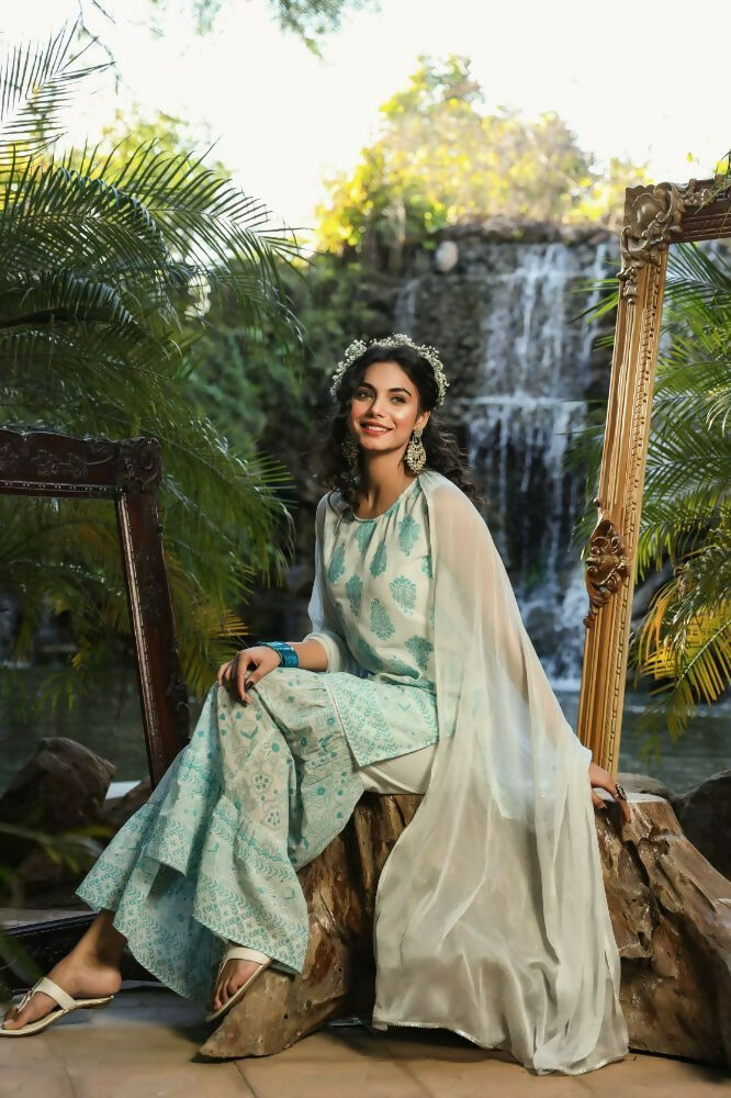 Juniper Blue Ethnic Motif Printed Georgette Kurta Sharara & Chiffon Dupatta Set | Grocsy