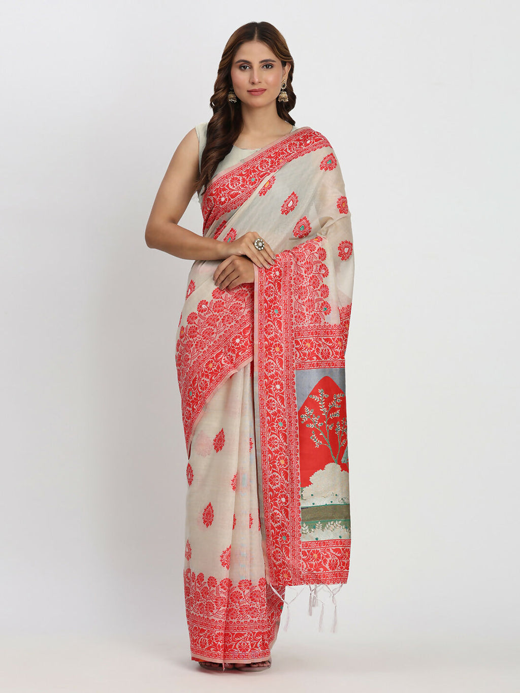 Shree Shyam Fashion Linen Cotton Cream & Red Saree | Grocsy