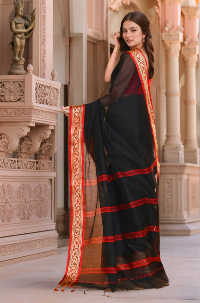 Joban Fashion Women Black Red Trendy Cotton Saree | Grocsy