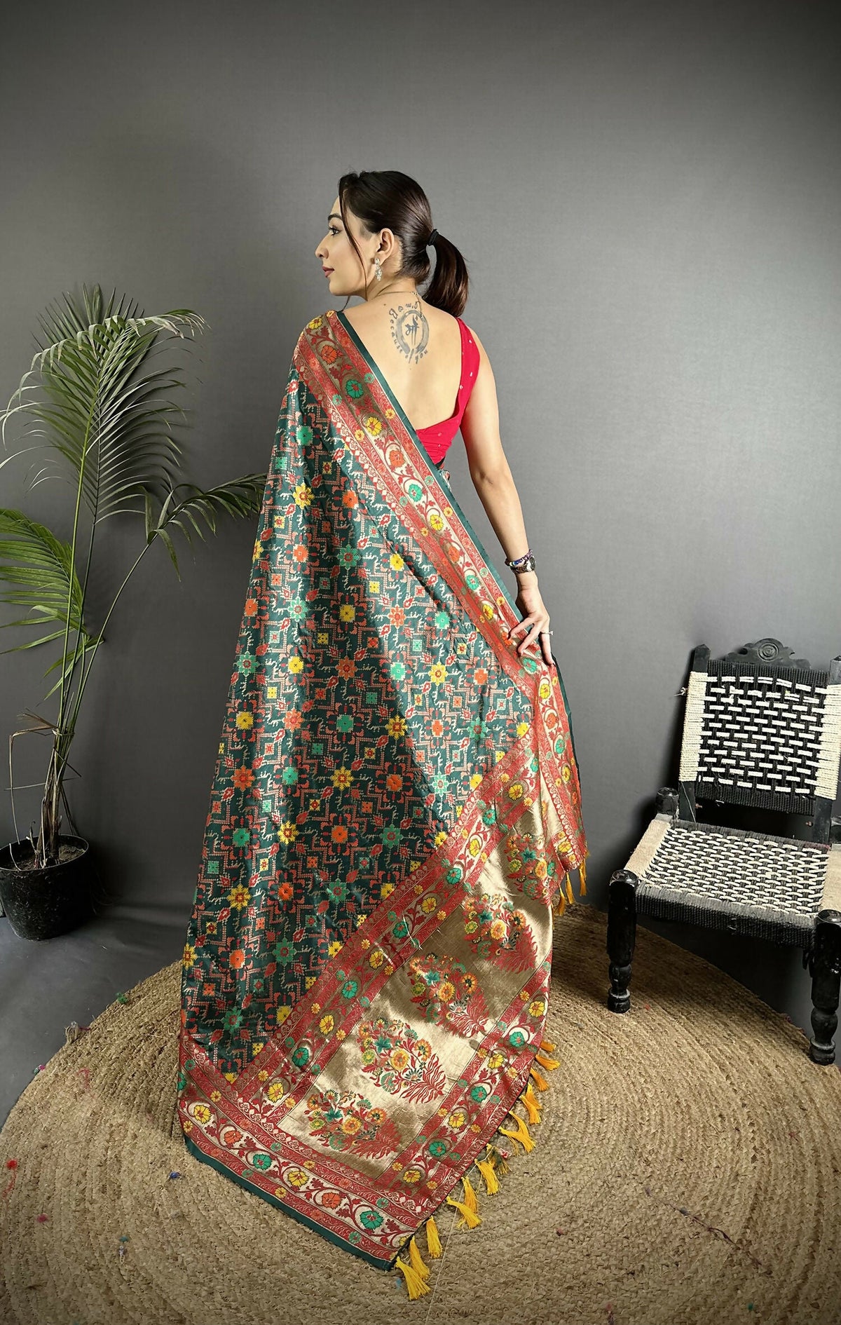 Joban Fashion Dark Green Banarasi Soft Silk Woven Saree | Grocsy