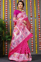 Jyoti Fashion Women's Rani Pink Banarasi Silk Zari Woven Saree with Blouse | Grocsy