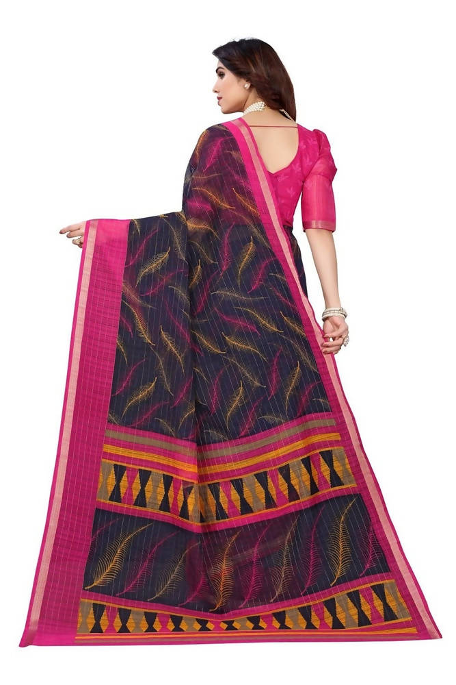 Vamika Navy Blue Linen Zari Border Saree | Grocsy