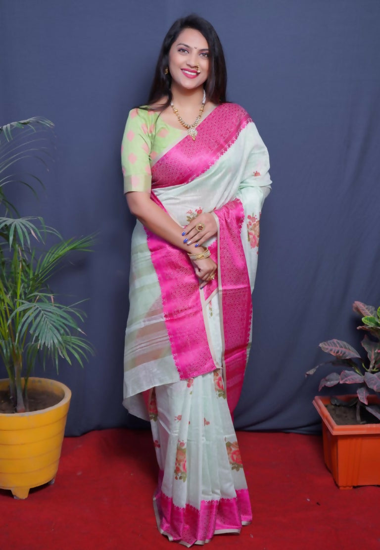 Jyoti Fashion Women's Magenta Linen Silk Digital Print with Jacquard Woven Border Saree with Blouse | Grocsy