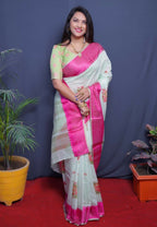 Jyoti Fashion Women's Magenta Linen Silk Digital Print with Jacquard Woven Border Saree with Blouse | Grocsy