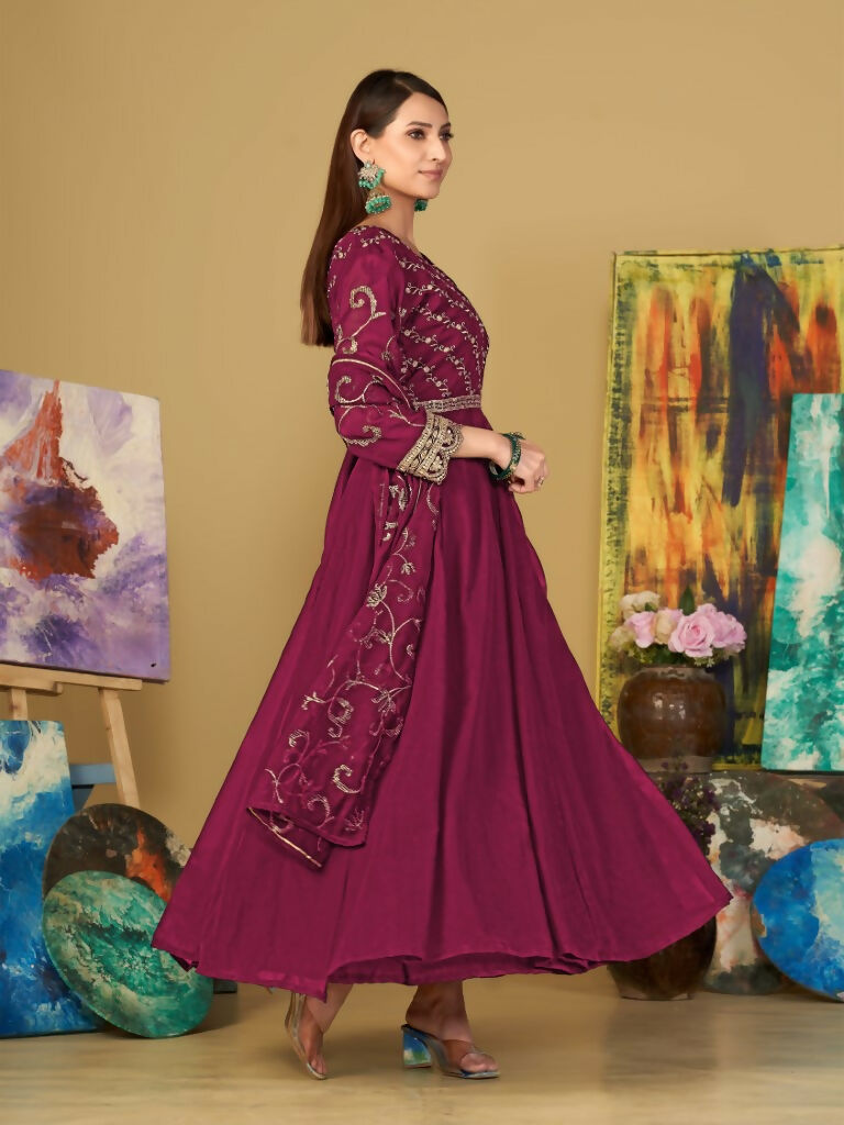 Jyoti Fashion Women's Rani Pink Georgette Embroidered Anarkali Kurta Pant Set With Dupatta | Grocsy