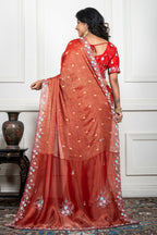 Morchari Rust Red Pure Chiffon Hand Embroidery Saree And Stitched Blouse | Grocsy