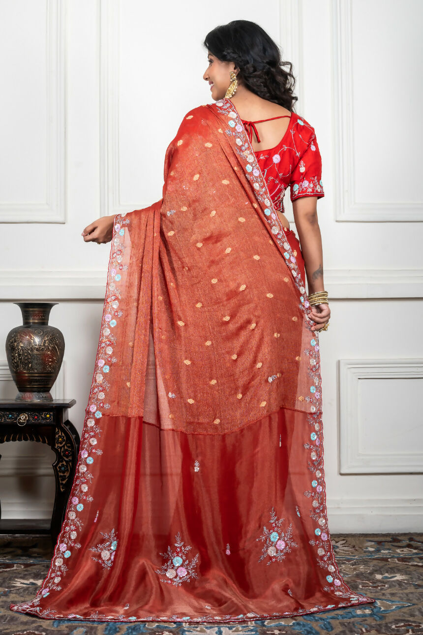 Morchari Rust Red Pure Chiffon Hand Embroidery Saree And Stitched Blouse | Grocsy
