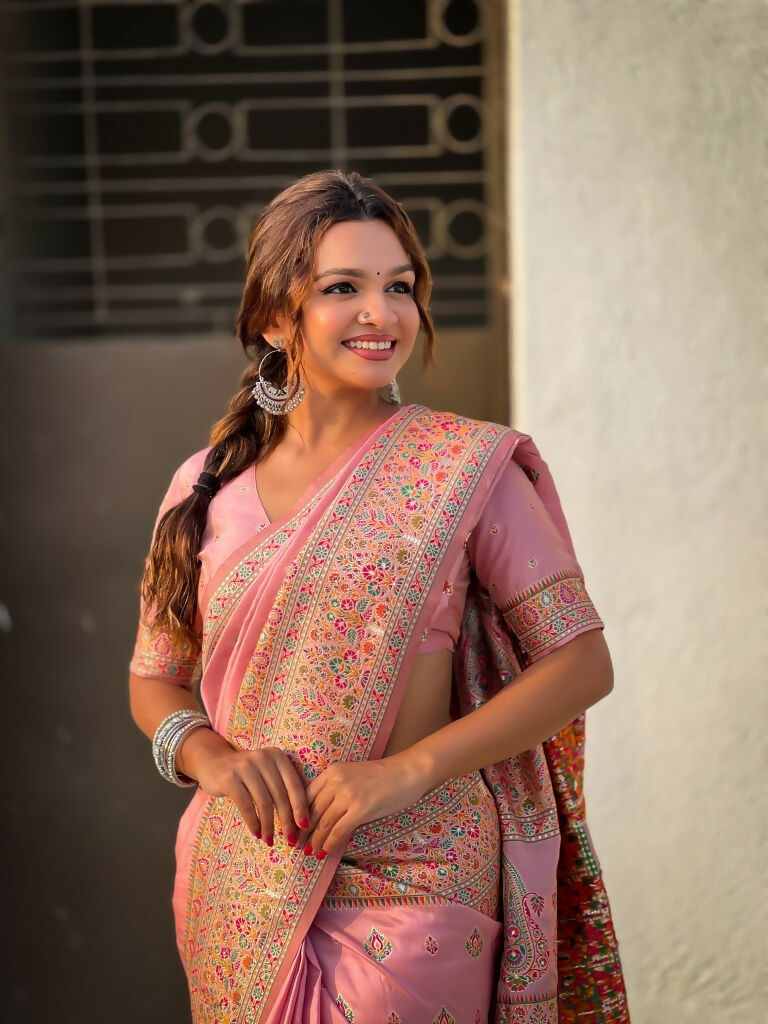 Pink Pashmina Silk Wevon Kashmiri Meenakari Designer Saree with Unstitched Blouse - Vandini | Grocsy