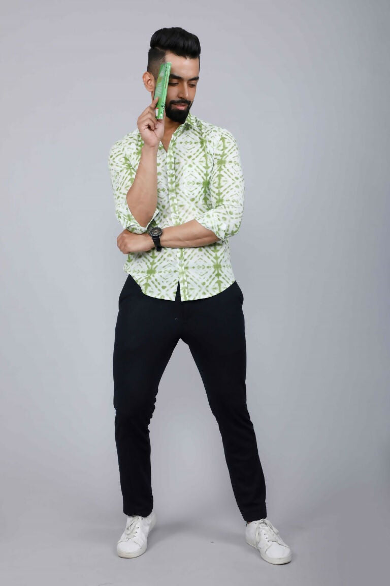 Miravan Men's Premium Green and White Slim Fit Tie Dye Cotton Shirt | Grocsy