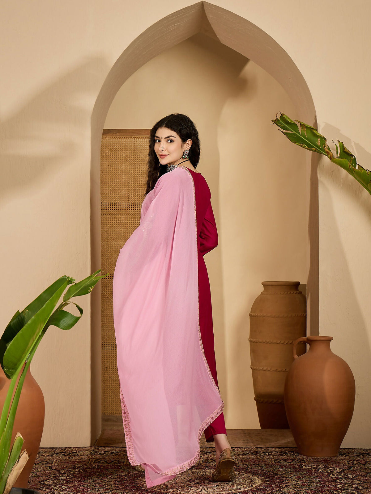 Joban Fashion Embroidery Red Vichitra Silk Kurta Set | Grocsy