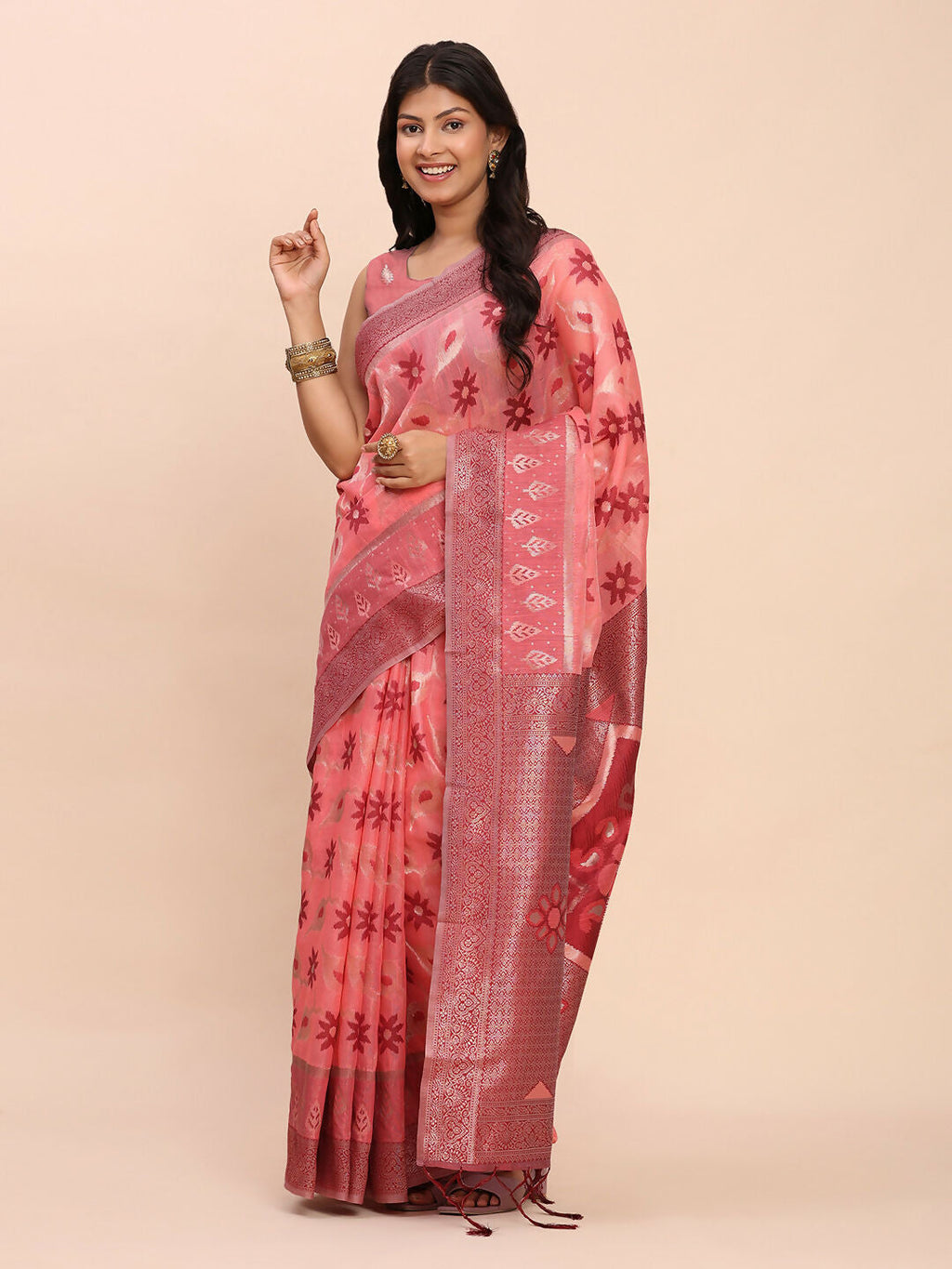 Shree Shyam Fashion Linen Cotton Peach Saree | Grocsy