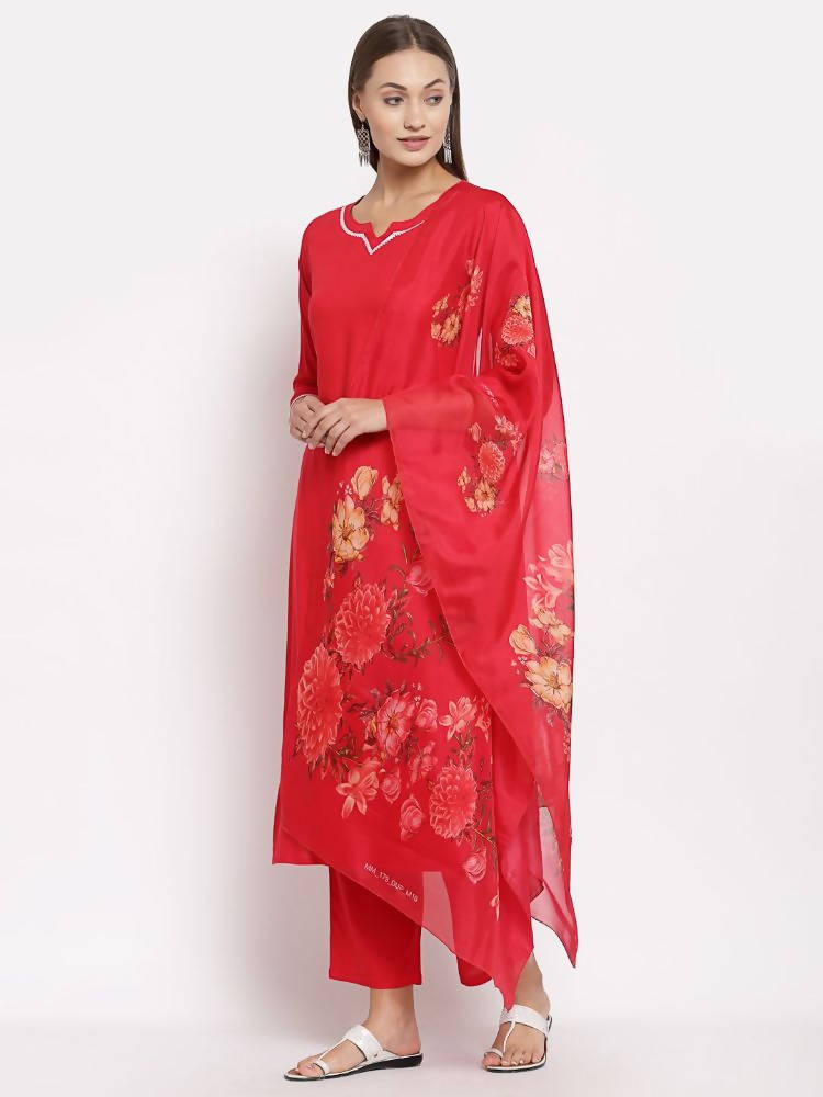 Myshka Women's Red Cotton Solid 3/4 Sleeve Square Neck Casual Kurta Pant Dupatta Set | Grocsy