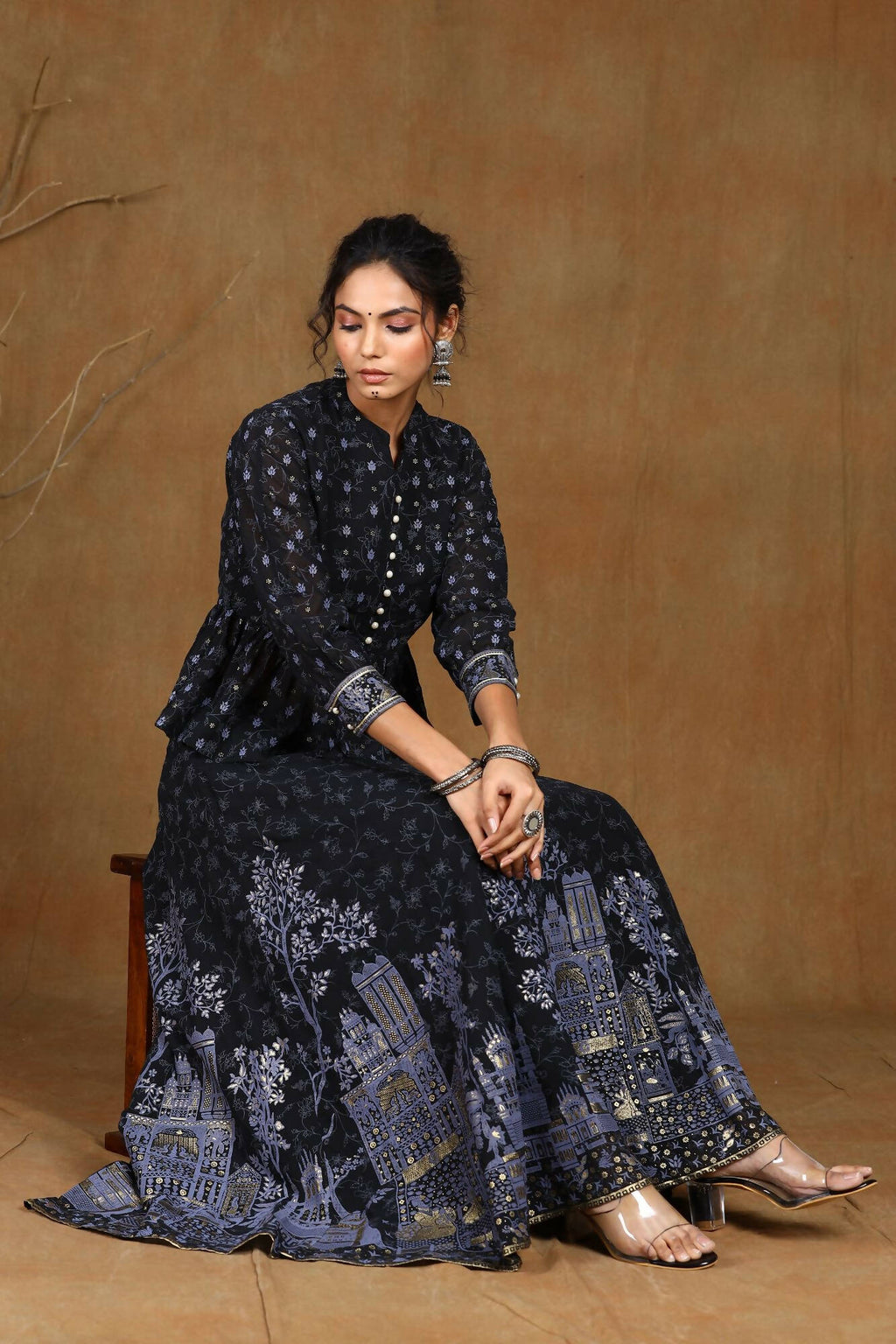 Juniper Women Black Georgette Printed Flared Lehenga Choli Sets | Grocsy