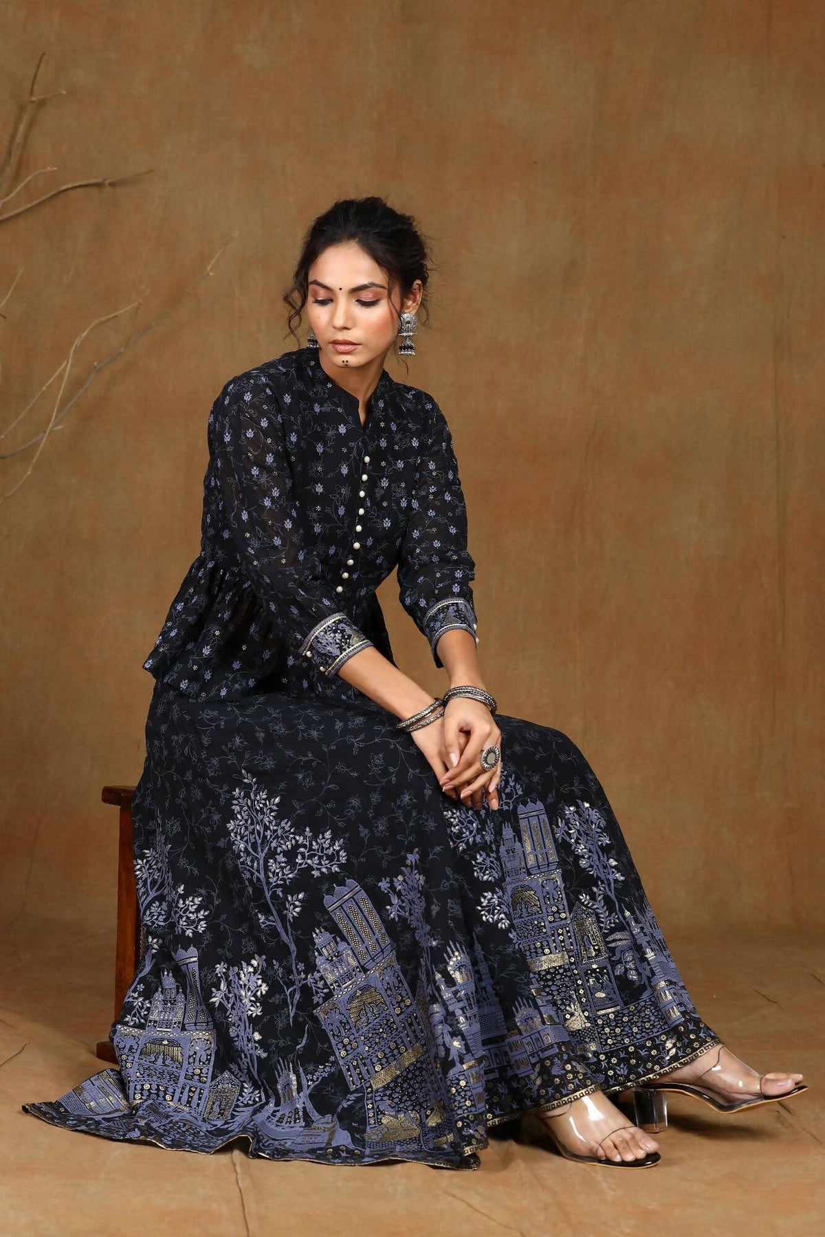 Juniper Women Black Georgette Printed Flared Lehenga Choli Sets | Grocsy