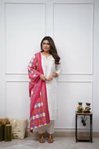 The52 Off White Beautiful Embroidered Viscose Chanderi Fabric Straight Kurta Pant with Dupatta Set | Grocsy