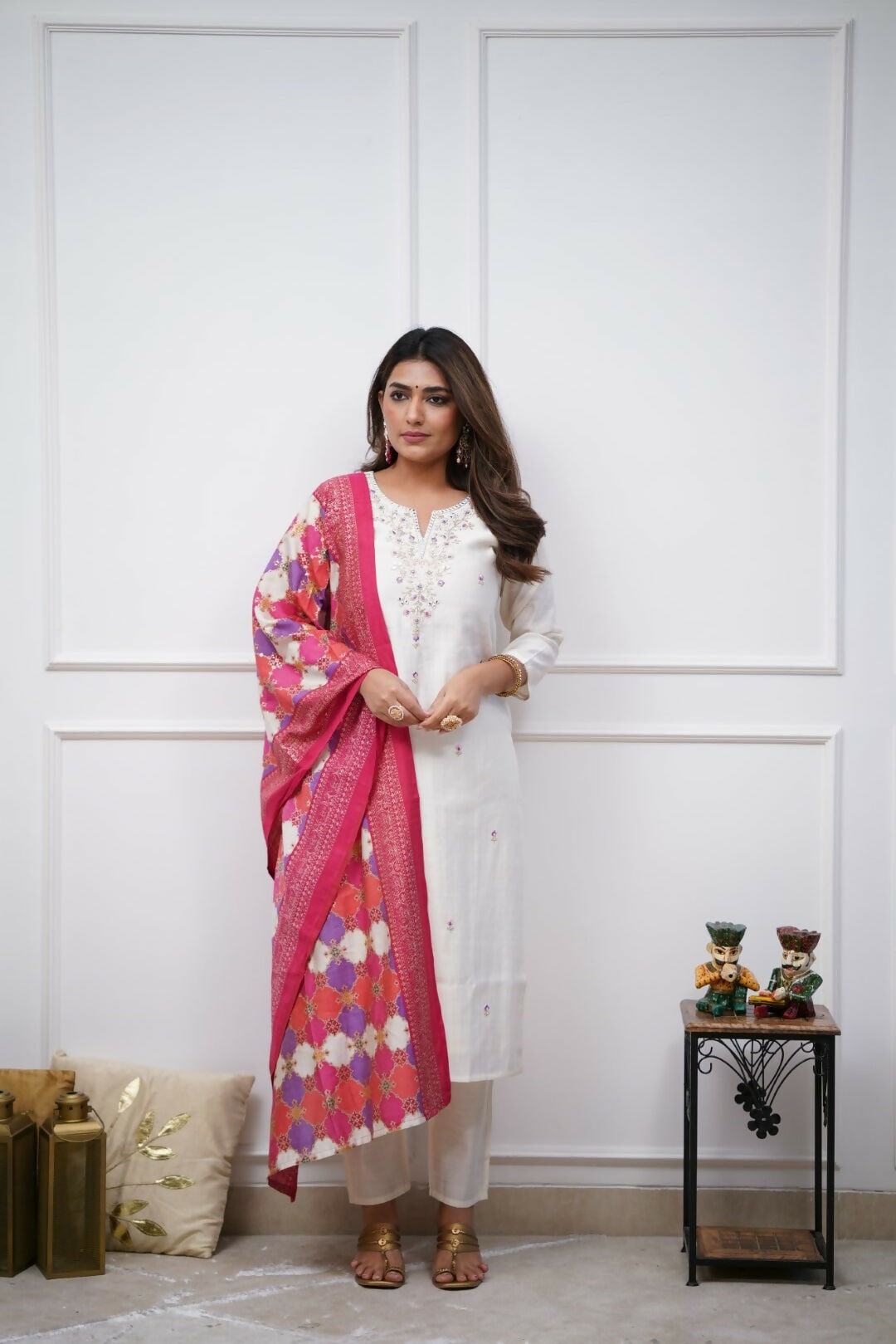 The52 Off White Beautiful Embroidered Viscose Chanderi Fabric Straight Kurta Pant with Dupatta Set | Grocsy