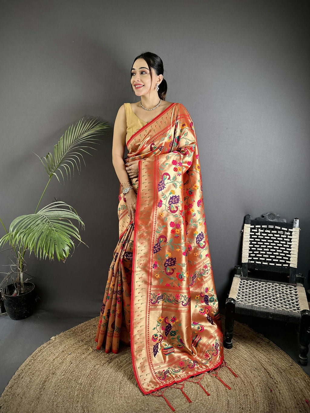 Joban Fashion Pastel Red Peacocks Flowers & Leaves Soft Silk Paithani Saree | Grocsy